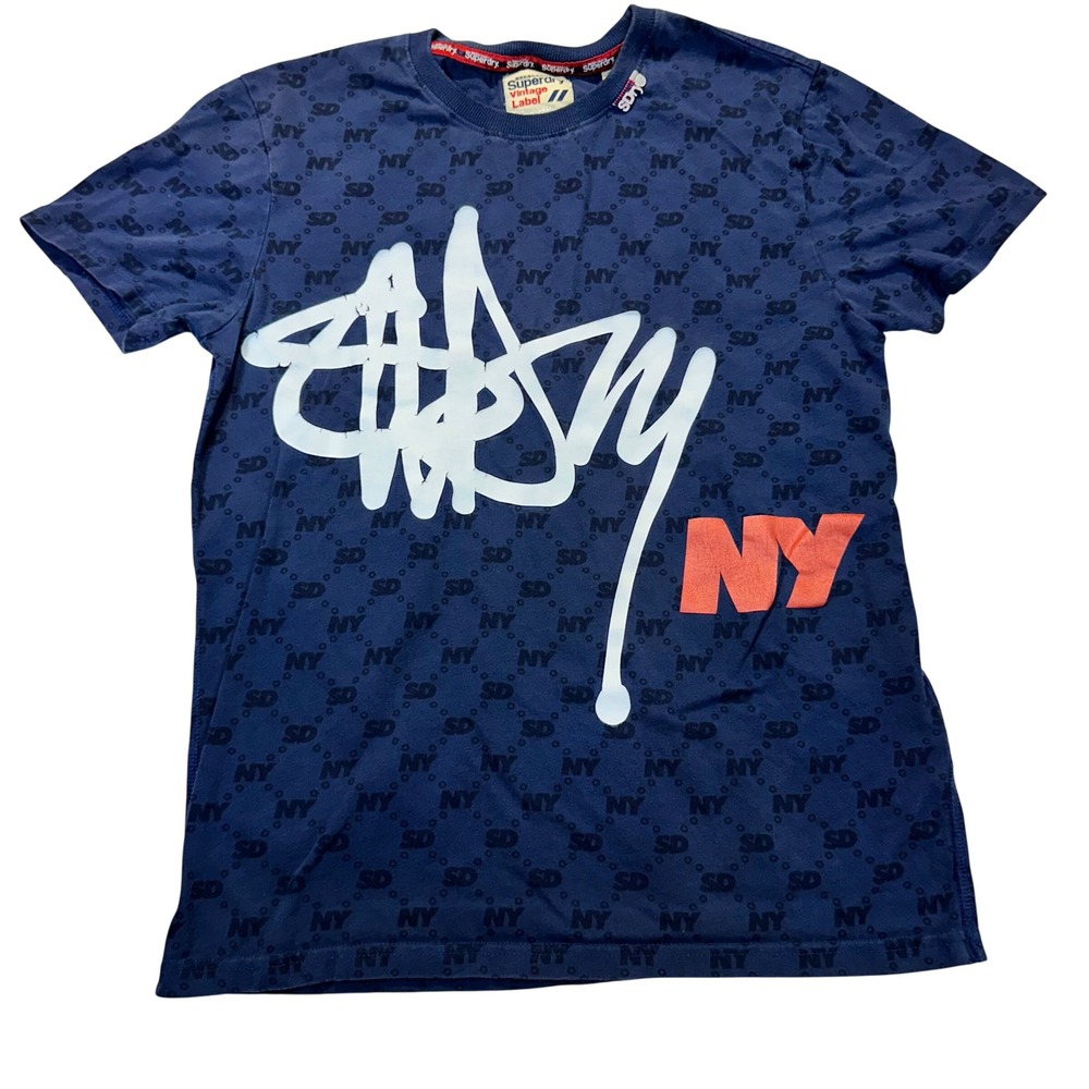 Superdry Mega Monogram T Shirt Mens Medium Navy Blue Graffiti Streetwear